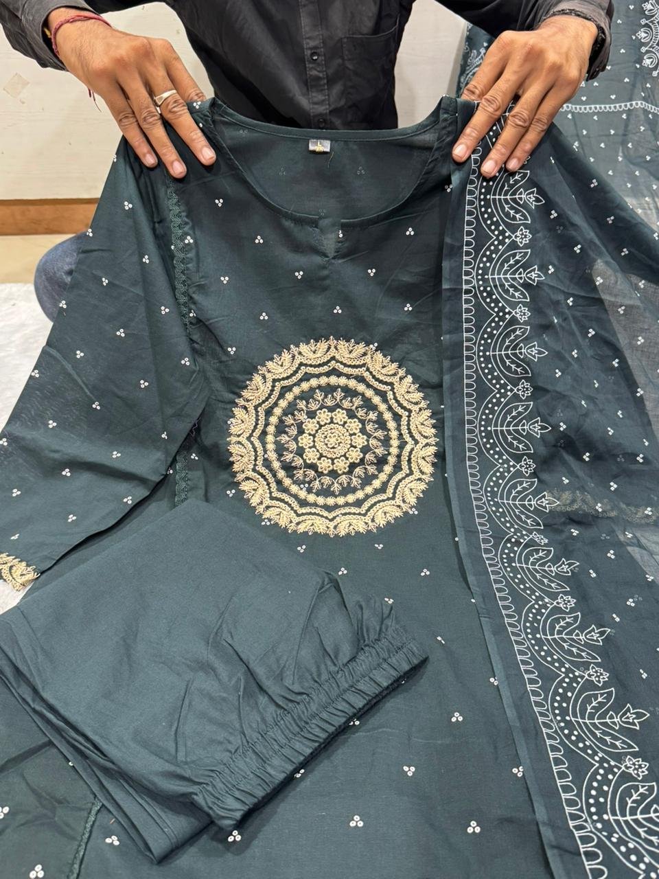 Blue Cotton Suit Set with Embroidered Dupatta